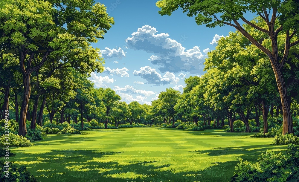 Game and animation cartoon background with a green forest, blue sky, and clouds. Landscape Game and animation cartoon background with a green forest, blue sky, and clouds. Landscape