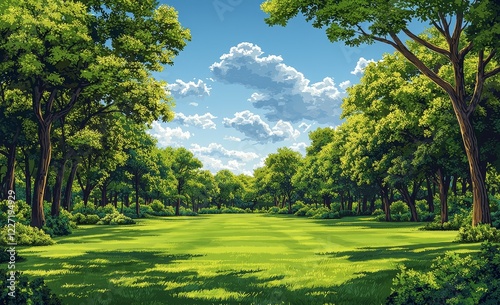Game and animation cartoon background with a green forest, blue sky, and clouds. Landscape