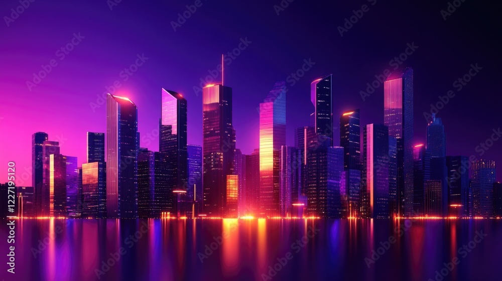 Fototapeta premium Futuristic cityscape at sunset with neon skyline reflections