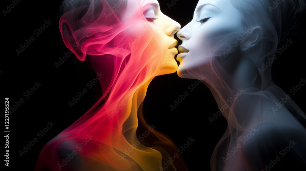 Two abstract figures merging in a kiss, showcasing colorful smoke-like forms in a dark background Two abstract figures merging in a kiss, showcasing colorful smoke-like forms in a dark background