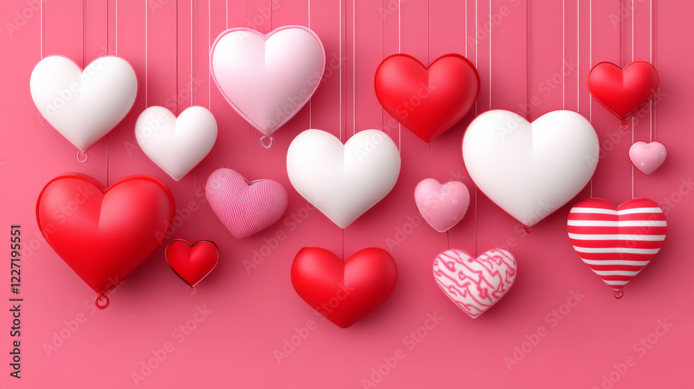 Floating red and white hearts on pink background create romantic atmosphere Floating red and white hearts on pink background create romantic atmosphere