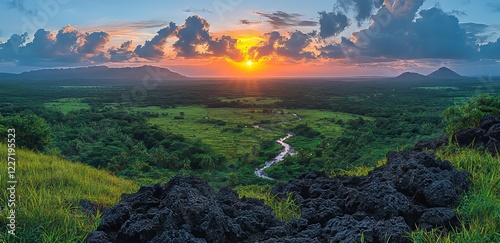 The sun shines on a springtime mountain vista, framed by a lush forest