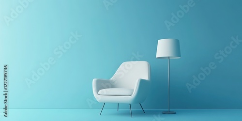 Minimalist Interior Design with White Chair and Lamp Against a Blue Wall