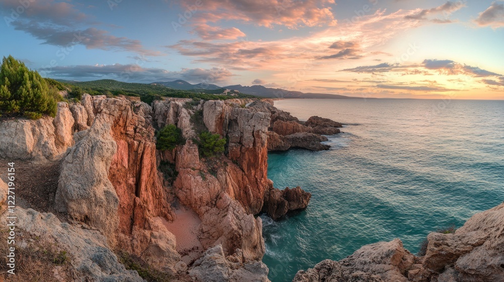 Breathtaking Seascape at Sunset with Jagged Cliffs and Colorful Sky Over Calm Sea Breathtaking Seascape at Sunset with Jagged Cliffs and Colorful Sky Over Calm Sea