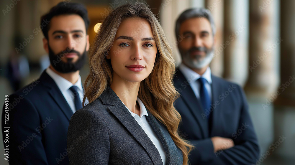 A group of three lawyers, two men and one woman, wearing formal business suits, standing in a grand courthouse with blurred marble pillars in the background. Their serious and professional expressions A group of three lawyers, two men and one woman, wearing formal business suits, standing in a grand courthouse with blurred marble pillars in the background. Their serious and professional expressions