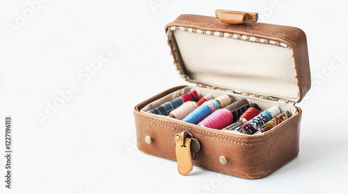 Open leather sewing kit with colorful threads, on white background; craft supplies photo