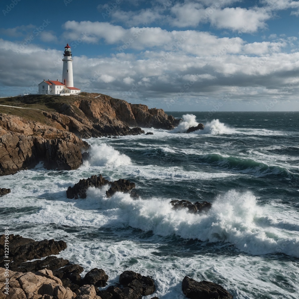 A rocky coastline with crashing waves and a lighthouse in the distance. A rocky coastline with crashing waves and a lighthouse in the distance.