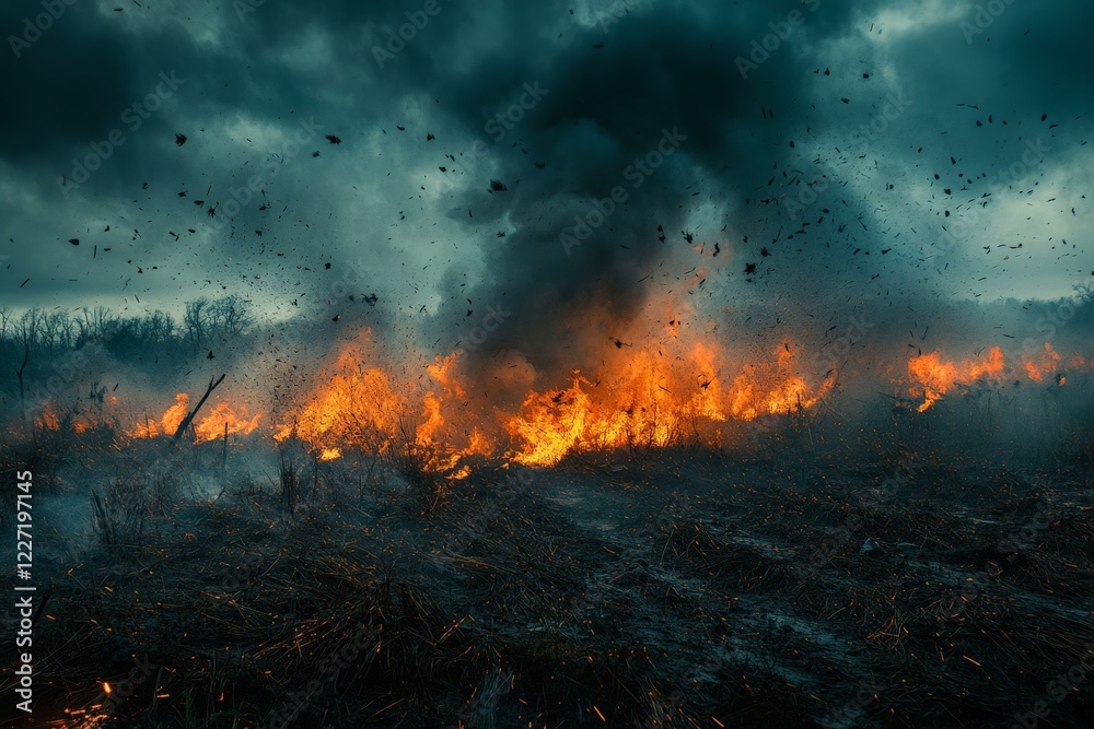 Wildfire engulfs dry grassland creating dense smoke and bright flames under a stormy sky Wildfire engulfs dry grassland creating dense smoke and bright flames under a stormy sky