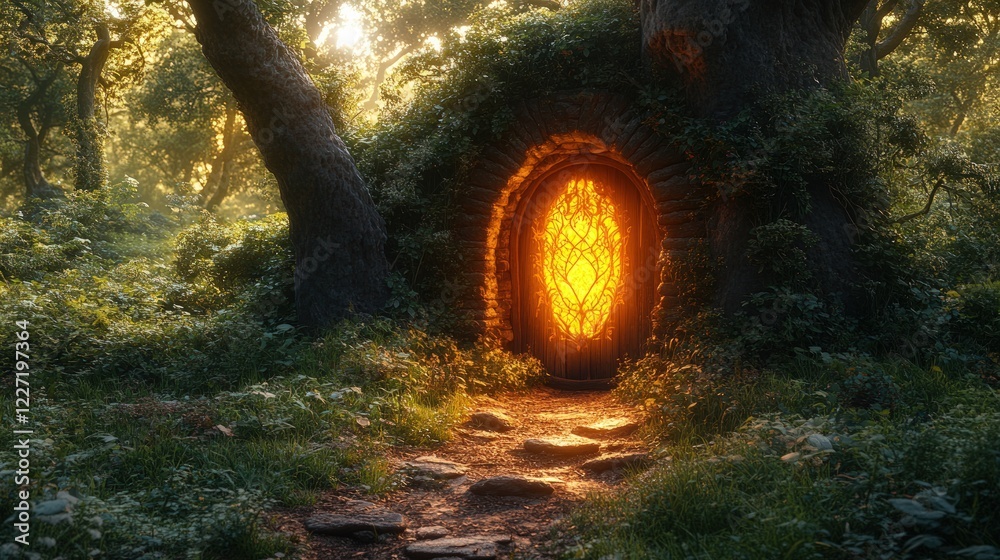 Fototapeta premium Enchanted Forest Door Glowing Warmly Under Sunlight in a Mystical Woodland Setting