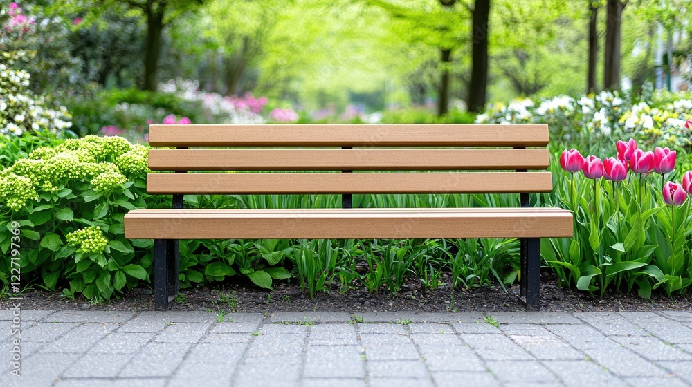 Park bench spring flowers pathway relaxation Park bench spring flowers pathway relaxation