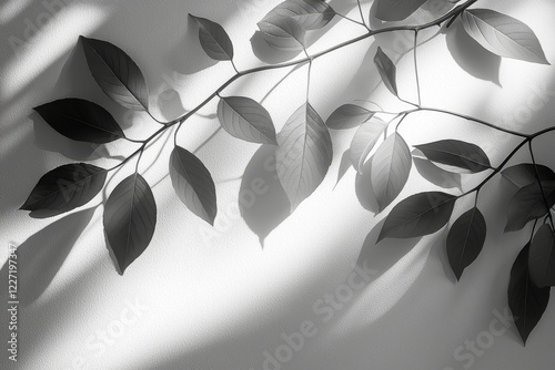 A white wall adorned with the gray shadows of leaves, embodying an abstract neutral nature concept, providing space for text