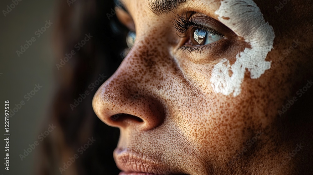 Close-up of woman's face with vitiligo and freckles. Close-up of woman's face with vitiligo and freckles.
