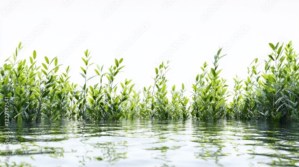 Obraz premium Lush green aquatic plants reflecting in calm water against white
