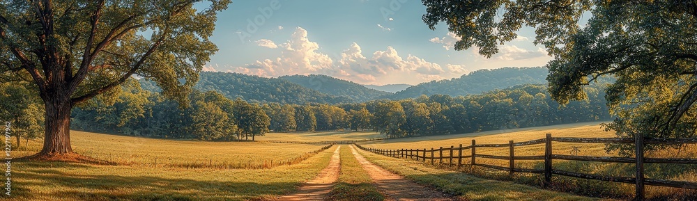 A panoramic view of a lush summer green field, showcasing a typical European rural scene. The landscape is dotted with golden wheat fields and vibrant green grass, framed against a backdrop of a A panoramic view of a lush summer green field, showcasing a typical European rural scene. The landscape is dotted with golden wheat fields and vibrant green grass, framed against a backdrop of a