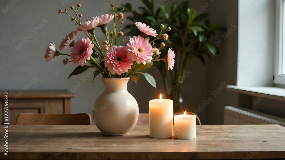 Soft candlelight creates a warm mood as a vase of flowers complements the wooden table in a simple, elegant setting Soft candlelight creates a warm mood as a vase of flowers complements the wooden table in a simple, elegant setting