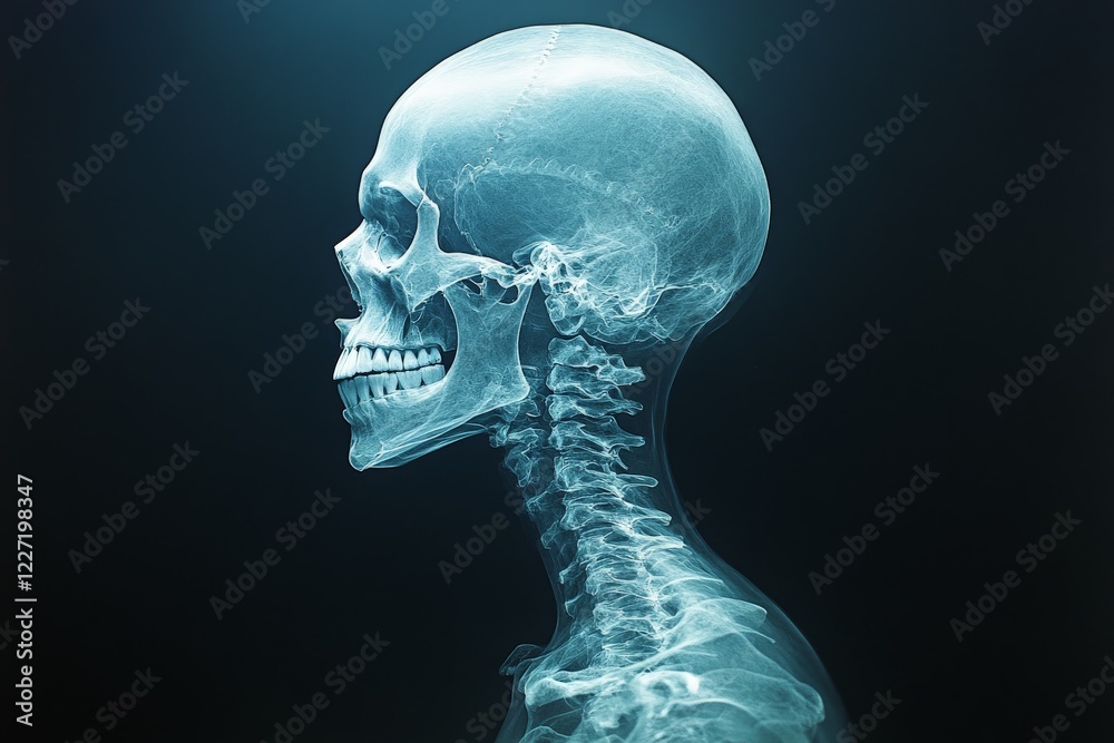 X-ray of a human skull and spine highlighting anatomical details and structure in a darkened environment X-ray of a human skull and spine highlighting anatomical details and structure in a darkened environment