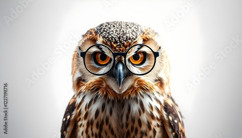 Close-up of a grumpy owl wearing glasses with a serious expression. Isolated on white background