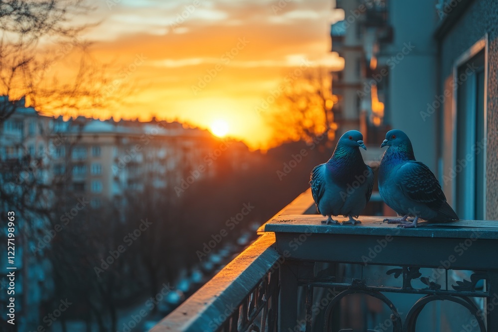 Fototapeta premium Birds perched on a balcony as the sun sets over a cityscape in the evening light