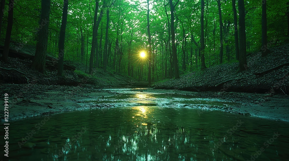 Obraz premium Sunset Glows Over Forest Streambed Peaceful Scene