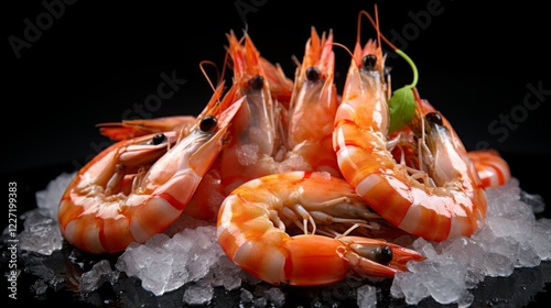 Freshly harvested shrimp served on ice with garnishing for a gourmet seafood dish photo