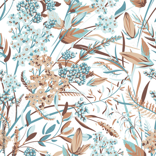 Seamless pattern with colorful flowers - Campanula, Achillea Millefolium and grass isolated on the white background. Hand-drawn illustrations of wildflowers.
