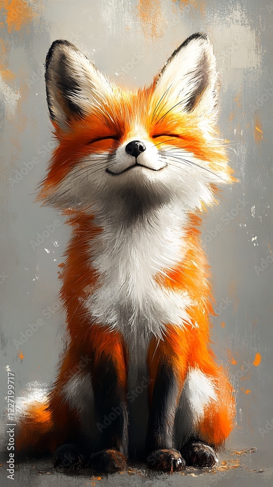 Obraz premium A smiling orange fox with white fur on its chest and black feet sits against a gray background.