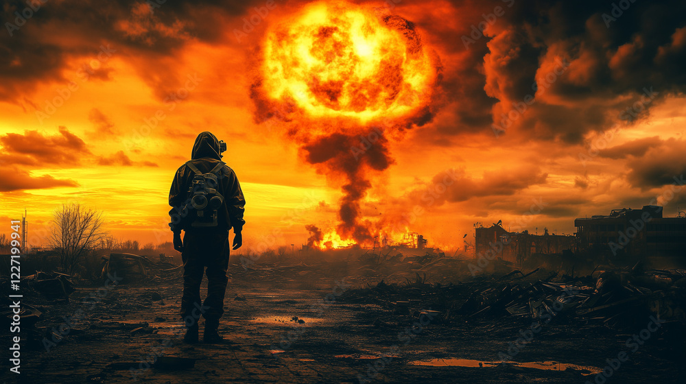 Post-Nuclear Apocalypse: Desolate Landscape with Scorched Buildings, Radioactive Fallout, and a Lone Survivor in Protective Suit, Aftermath of World War III Post-Nuclear Apocalypse: Desolate Landscape with Scorched Buildings, Radioactive Fallout, and a Lone Survivor in Protective Suit, Aftermath of World War III