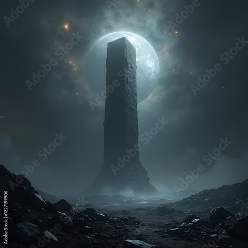 a mysterious monolith hovering above a planet pulsing with unknown energy 