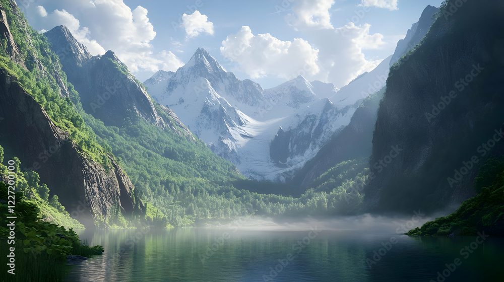 Fototapeta premium A serene mountain landscape with a lake, surrounded by lush greenery and snow-capped peaks.