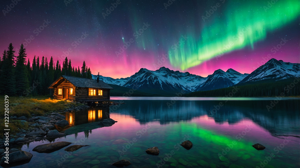 Fototapeta premium A serene mountain lake reflecting the aurora borealis, with a small wooden cabin on its shore