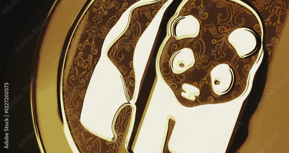 Panda chinese yuan golden coin turning. camera rotates around the 3D metal glow coins. Fintech, online payment and digital transaction abstract concept.