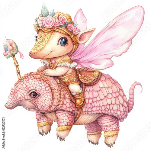 Fairytale_creature_riding_a_pink_armadillo,_wearing_a_golden_suit_and_crown.