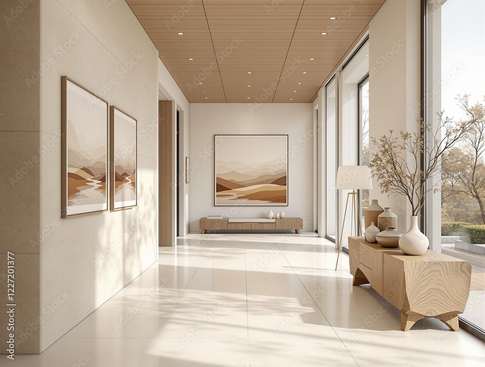 Modern minimalist hallway with natural light, neutral tones, and elegant decor featuring framed landscape paintings, wooden furniture, and large windows showcasing an outdoor view.
Modern minimalist hallway with natural light, neutral tones, and elegant decor featuring framed landscape paintings, wooden furniture, and large windows showcasing an outdoor view.