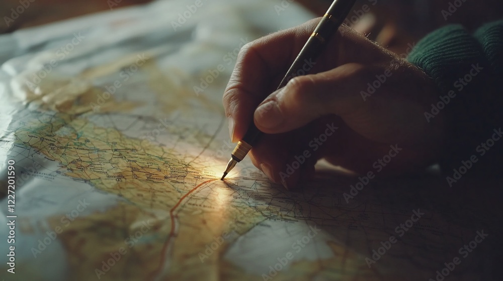 Hand planning adventure route on map, indoors, sunlight Hand planning adventure route on map, indoors, sunlight