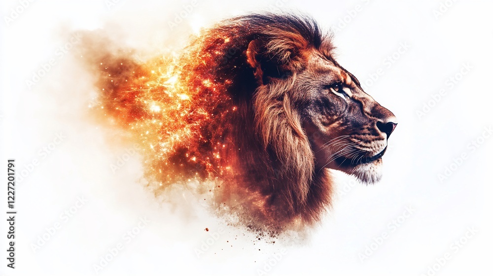 Naklejka premium Fiery Lion Profile, Savannah Sunset, Abstract Art, Power, Print