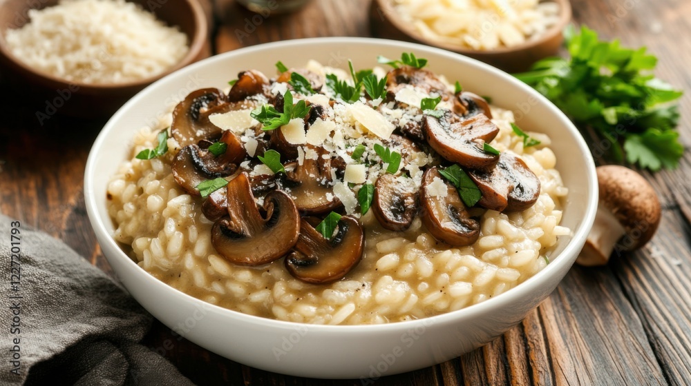 A delightful and creamy mushroom risotto topped with sautéed mushrooms, fresh parsley, and a sprinkle of Parmesan cheese A delightful and creamy mushroom risotto topped with sautéed mushrooms, fresh parsley, and a sprinkle of Parmesan cheese