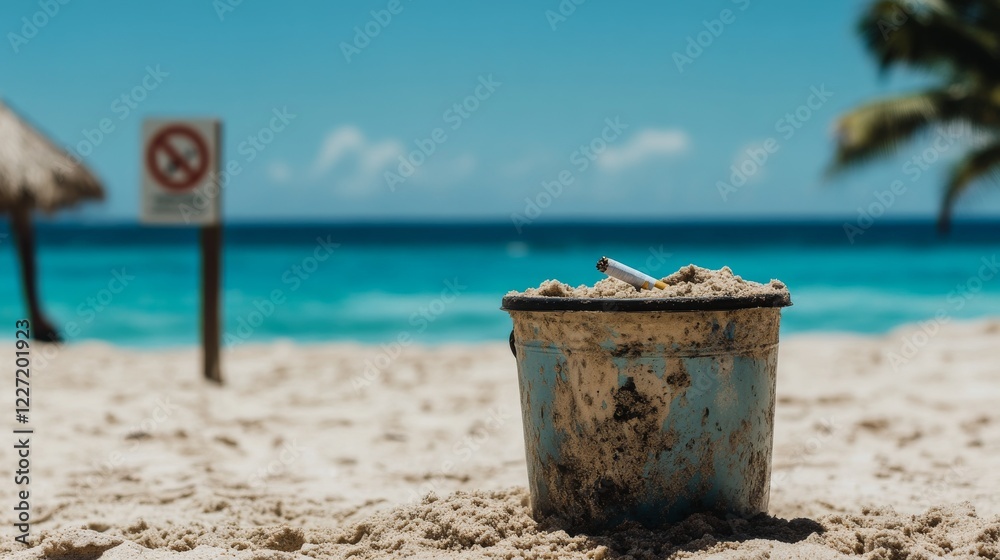 Bucket on Tropical Beach with Cigarette and No Smoking Sign Bucket on Tropical Beach with Cigarette and No Smoking Sign