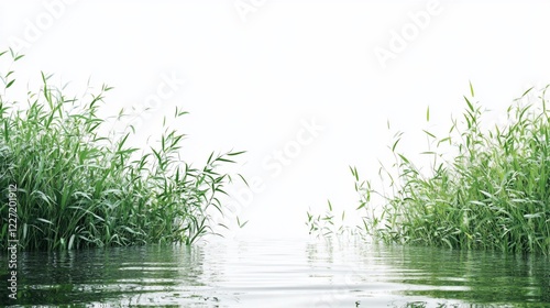 Wallpaper Mural Calm riverbank reeds, tranquil water, white background, nature serenity Torontodigital.ca