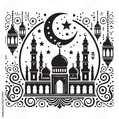 Beautiful Muslim festival illustration featuring mosques and stars