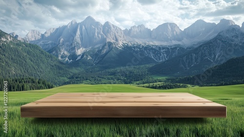 A wooden dais sits in the foreground, overlooking a lush green mountain field.