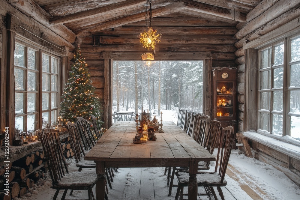 Obraz premium Rustic winter dining area with wooden table and Christmas decorations in a snowy forest setting