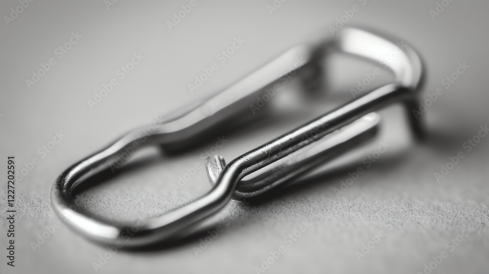 A close-up of a metal carabiner on a white background. The carabiner is made of silver-colored metal and has a spring-loaded gate. A close-up of a metal carabiner on a white background. The carabiner is made of silver-colored metal and has a spring-loaded gate.