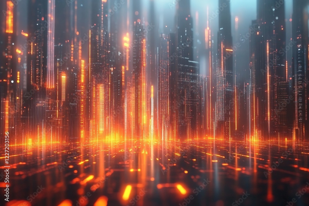 Fototapeta premium Futuristic cityscape with glowing structures and dynamic light effects at dusk