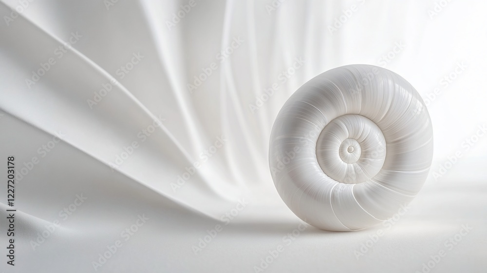 Obraz premium White spiral shell on fabric backdrop, studio shot, minimalist design, website header