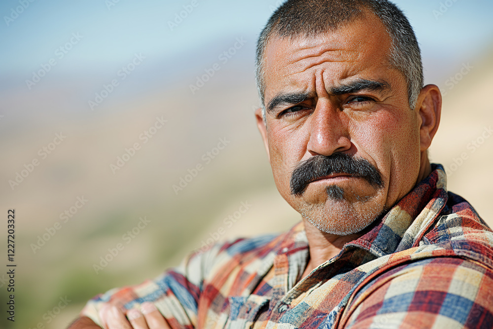 Fototapeta premium Serious Man with Mustache in Plaid Shirt Outdoors. A portrait of a serious-looking man with a mustache wearing a plaid shirt, set against an outdoor backdrop.