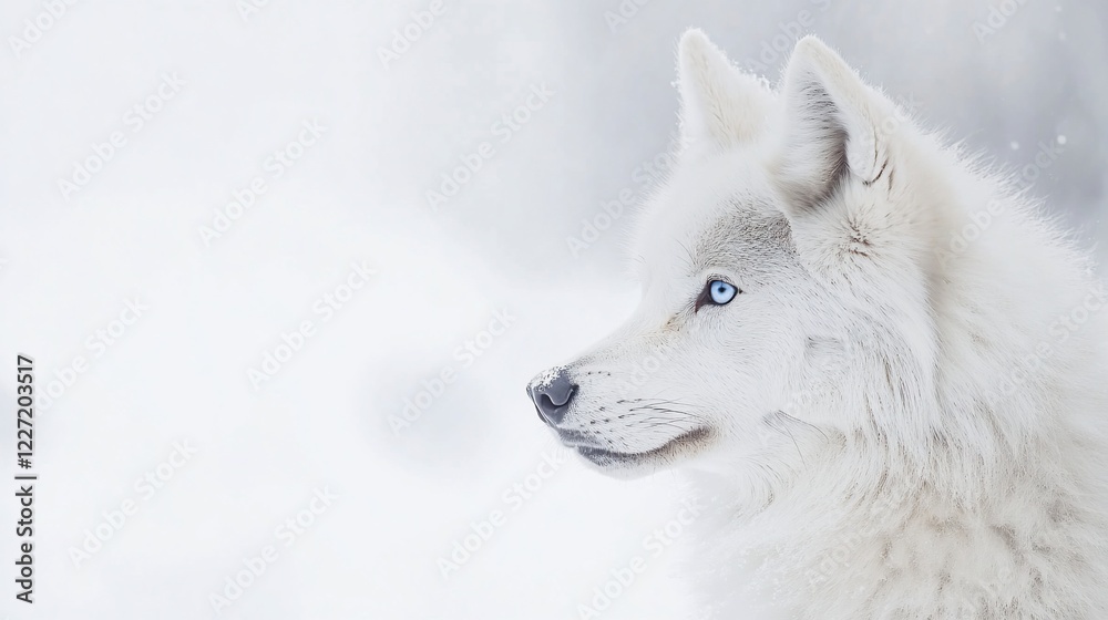 Fototapeta premium Arctic wolf profile, snowy landscape, winter, serene gaze, wildlife calendar