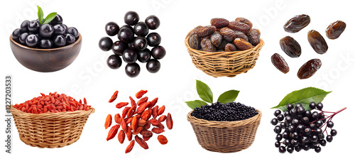 Collection of 4 berry fruit in pile group basket set, Goji chinese wolfberry, Acai Açaí, Elderberry, Medjool dried dates, on transparent cutout PNG. Mockup template for artwork design	
 photo