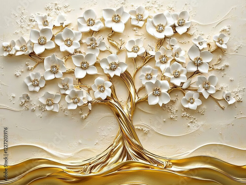 Golden Blossom Tree: A stunning 3D rendering of a stylized tree adorned with white blossoms and gleaming golden branches.