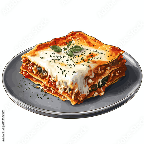 A plate with a piece of delicious beef lasagna with bechamel and mozzarella food vector illustration isolated on a white background