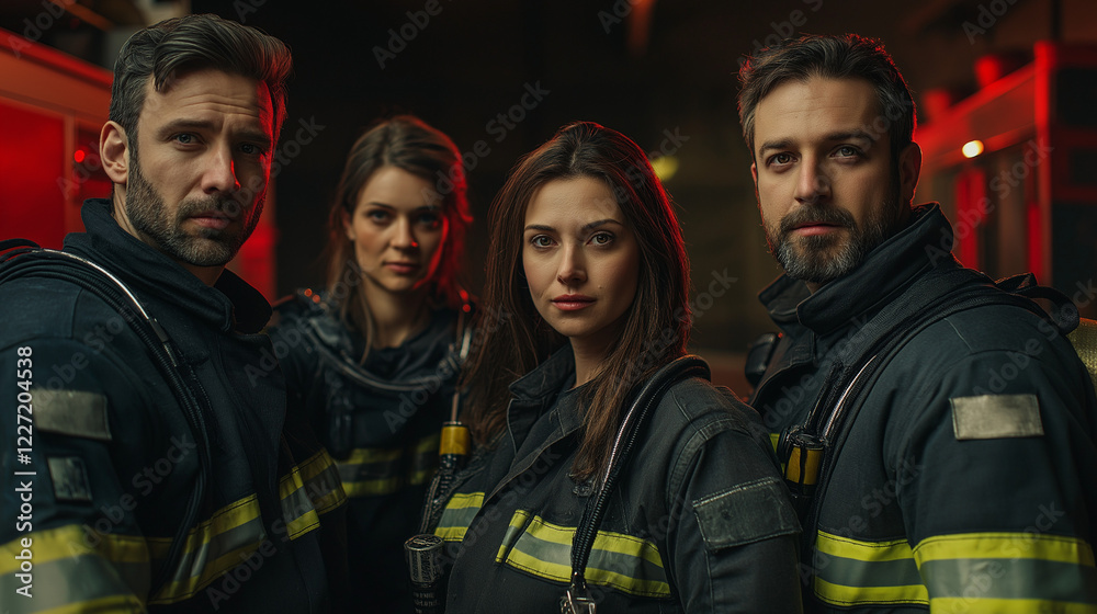 A team of four firefighters, two men and two women, wearing full firefighting gear, standing in front of a fire truck in a dimly lit fire station. Their serious and heroic expressions convey bravery a A team of four firefighters, two men and two women, wearing full firefighting gear, standing in front of a fire truck in a dimly lit fire station. Their serious and heroic expressions convey bravery a